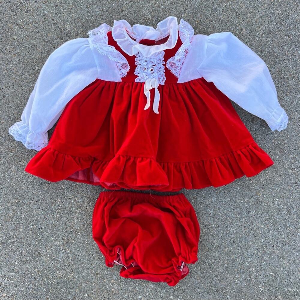 Vintage Jolene Red Velvet Christmas Baby Dress with Bloomers Diaper Cover 6-9mos